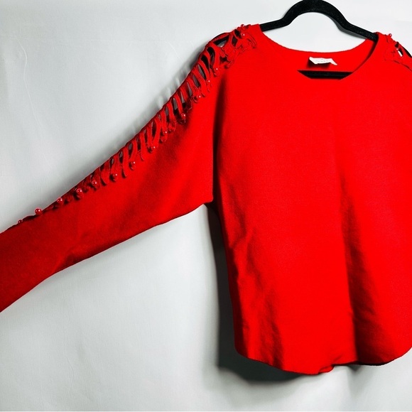 Ember Women’s Sz Medium Red Pearl & Fishtail Accents Long Sleeve Sweater Top - Picture 3 of 7